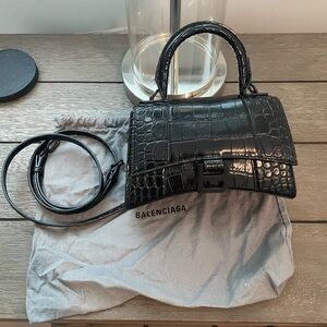 Balenciaga Hourglass XS Handbag - Crocodile Embossed in Black